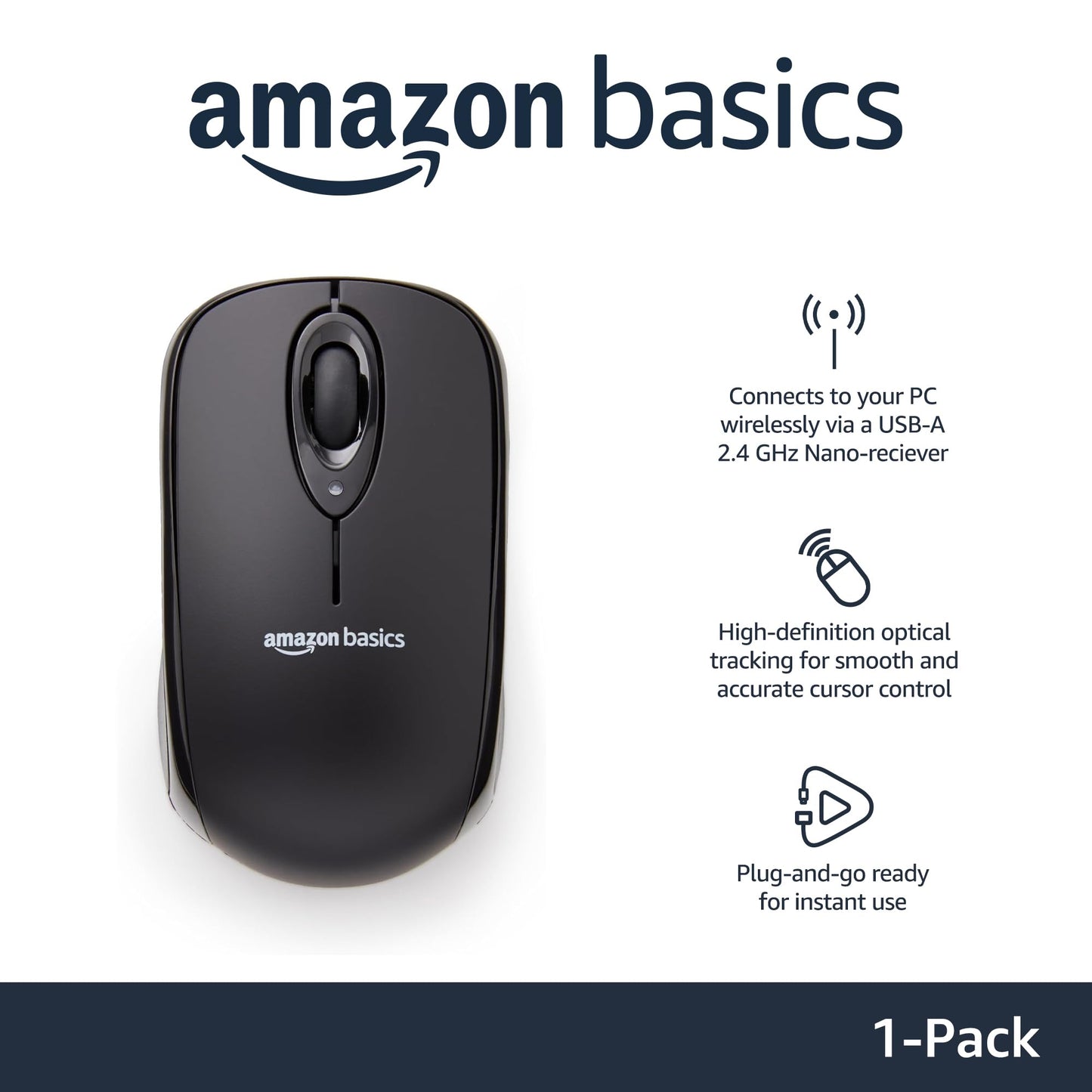 Amazon Basics Wireless Mouse for Laptop, 2.4GHz with USB Nano Receiver – Black