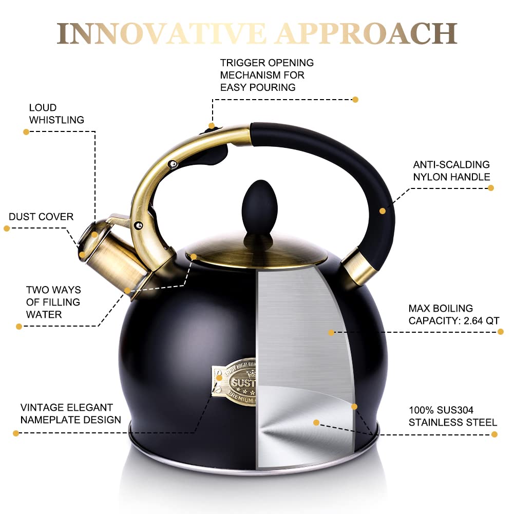 - SUSTEAS Stove Top Whistling Tea Kettle | Surgical Stainless Steel Teakettle Teapot | 3L | Black -