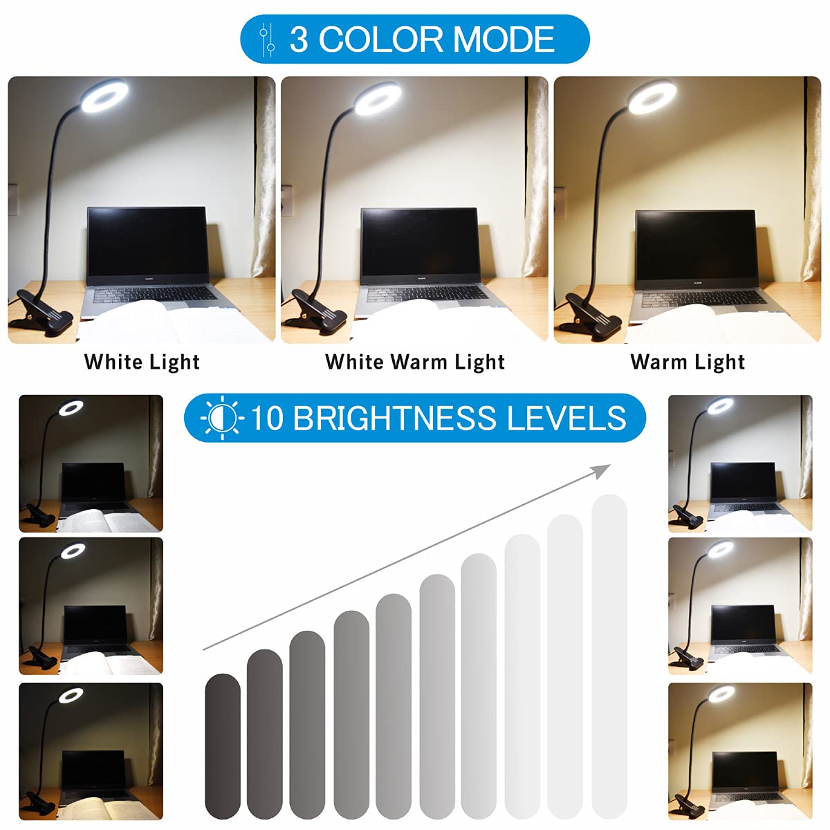 - KNAMKY USB LED Desk Lamp Clip On Light | 3 Light Mode | 10 Dimmable Brightness -