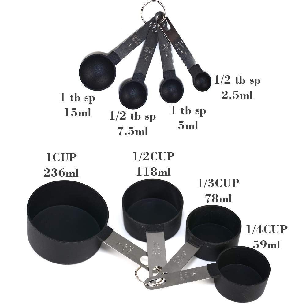 - FONYA 8-Piece Black Measuring Tools | 4 Measuring Cups / 4 Measuring Spoons with Metal Handles -
