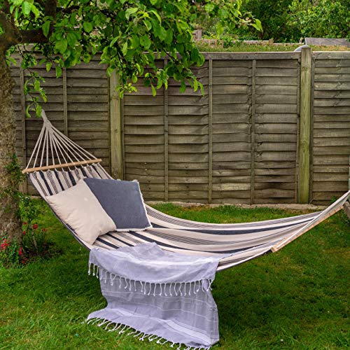 - Harbour Housewares 276cm Navy Stripe Cotton Hammock | With Wooden Spreader Bars & Cotton Carry Bag -