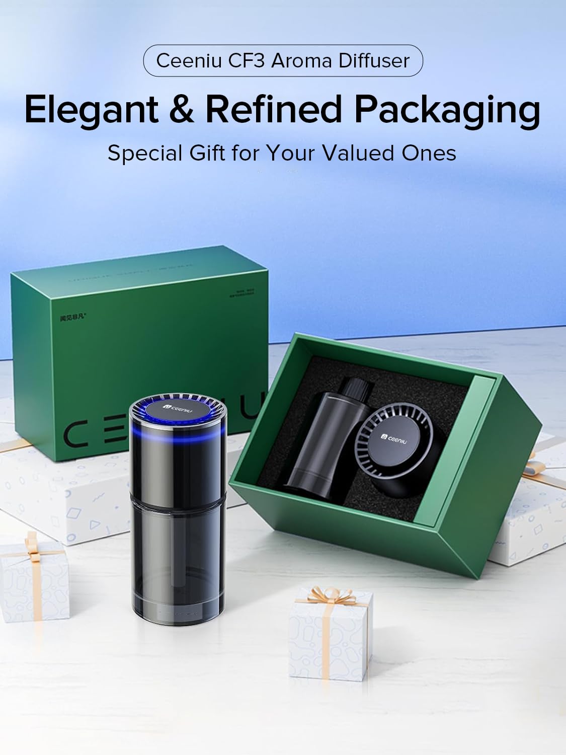 Ceeniu 2024 New Car Air Freshener, Auto ON/OFF,135ml Last 6 months,Built-in Battery, Blue Ambiance Light,CF3 car fresheners,Valentines Day Gift, Roman Holidays