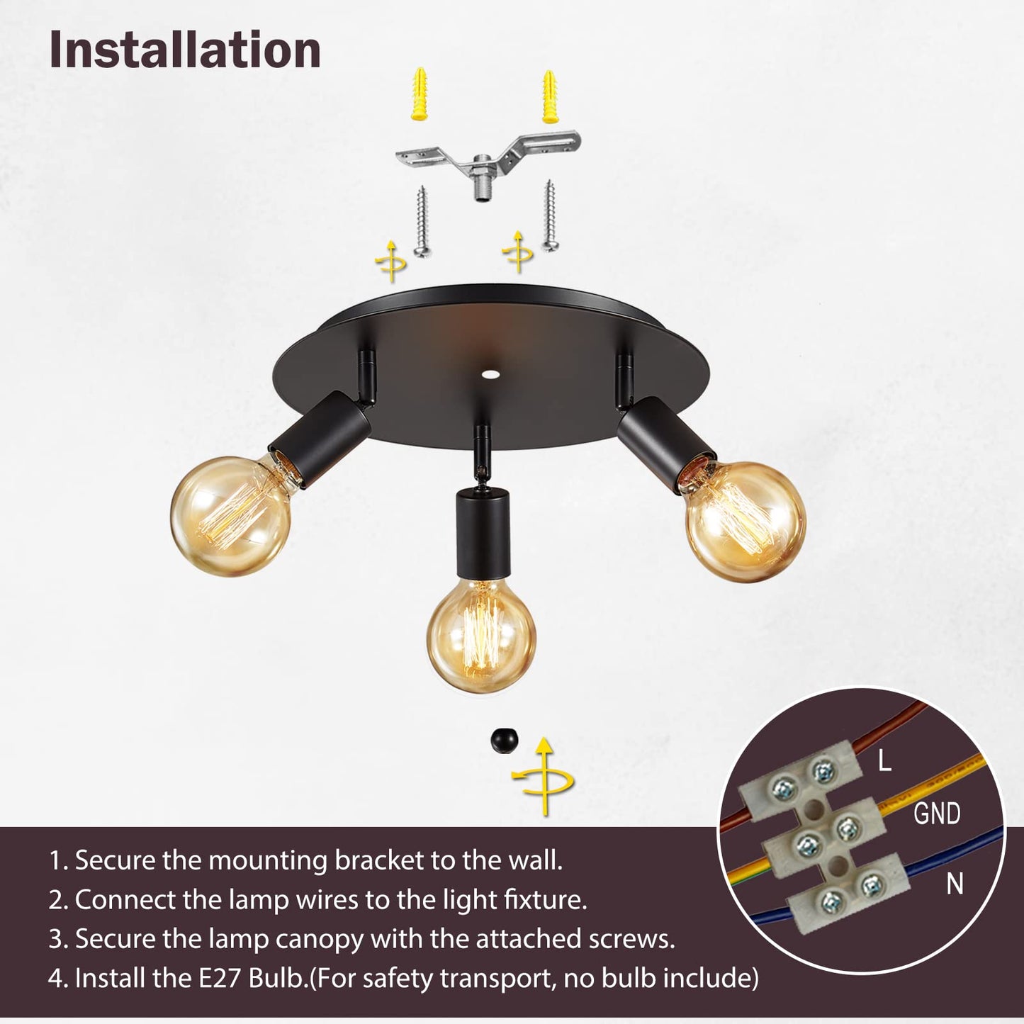 - Lightsjoy Vintage Ceiling Light 3 Way Rotatable -