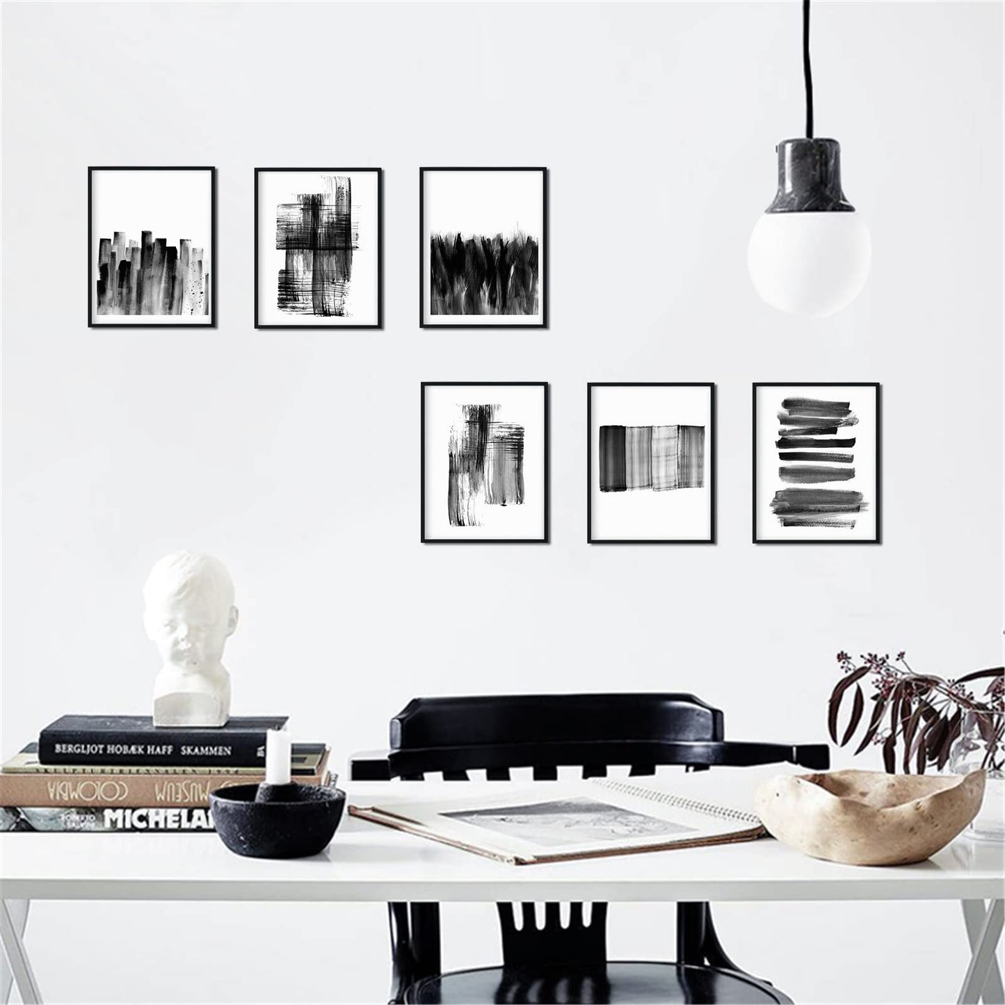 Abstract Black And White Prints - Grey Writing Brush Line Wall Art Pictures for Office Decoration Unframed 8 x 10 Inches 6 Pieces Minimalist Style Paper Paintings Decor for Kitchen Bedroom Living Room