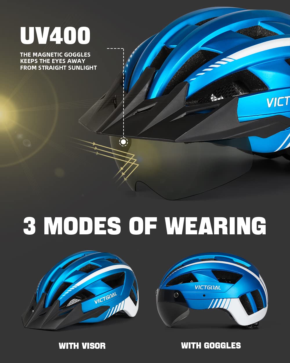- Victgoal Bike Helmet with USB Rechargeable LED Light Removable -