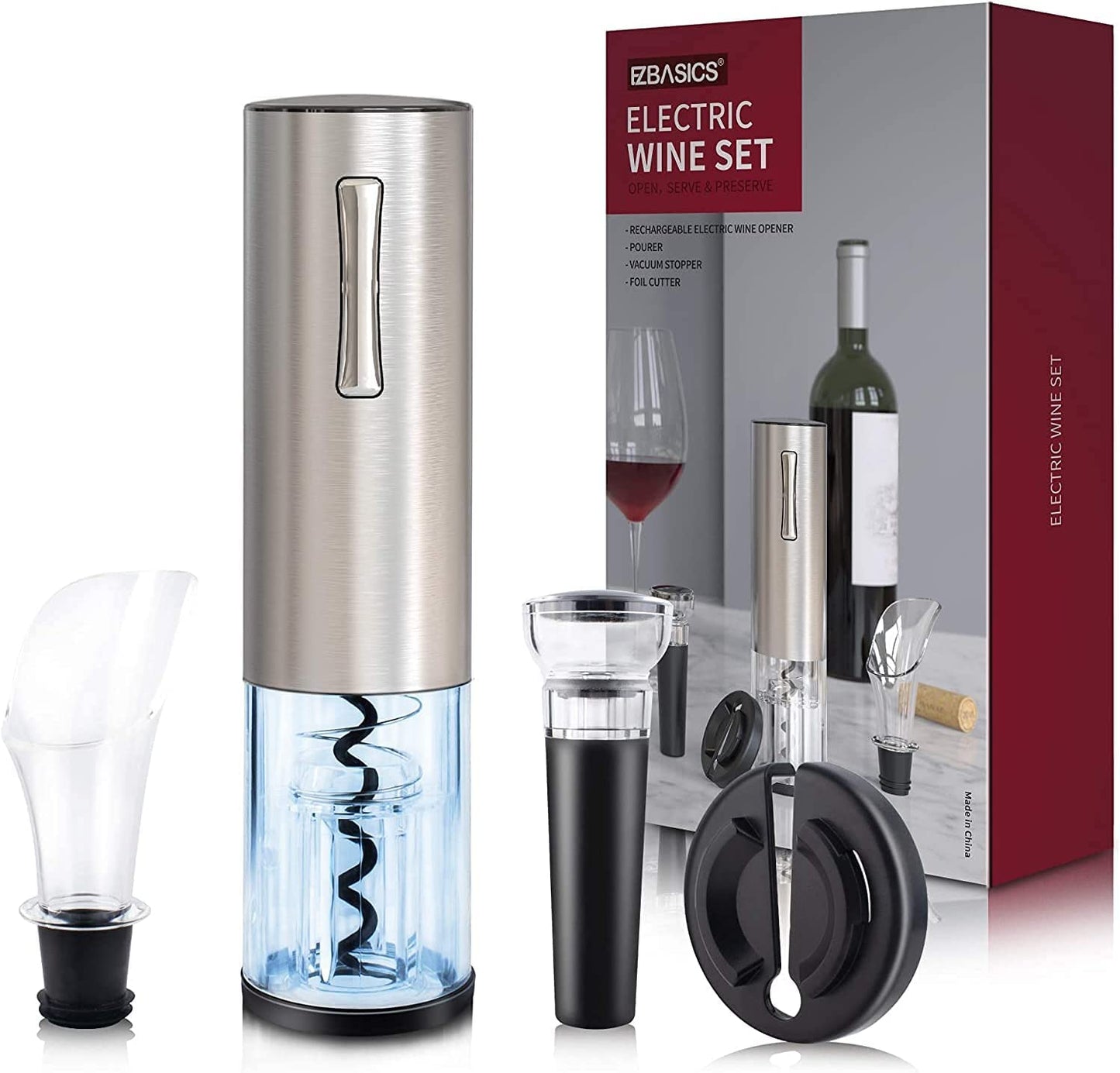 - EZBASICS Electric Wine Bottle Opener kit | Rechargeable Automatic Corkscrew -