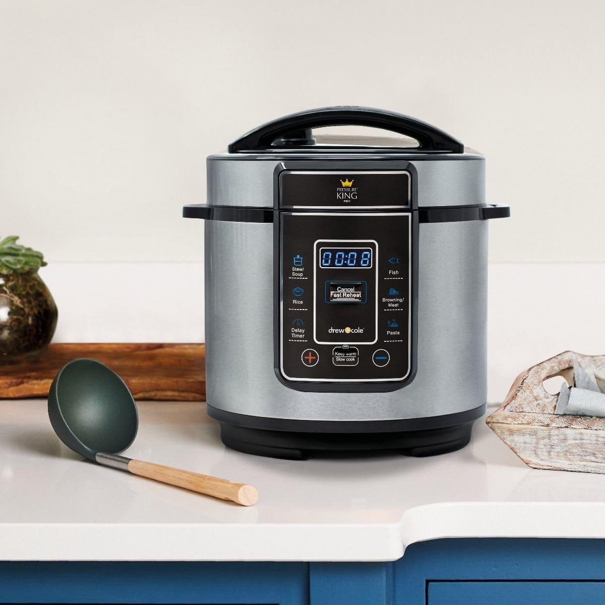 - Drew & Cole Pressure King Pro Electric Pressure Cooker 3L | 700W | Chrome | 8-in-1 Multi Cooker with Digital Display | Non Stick Pot -