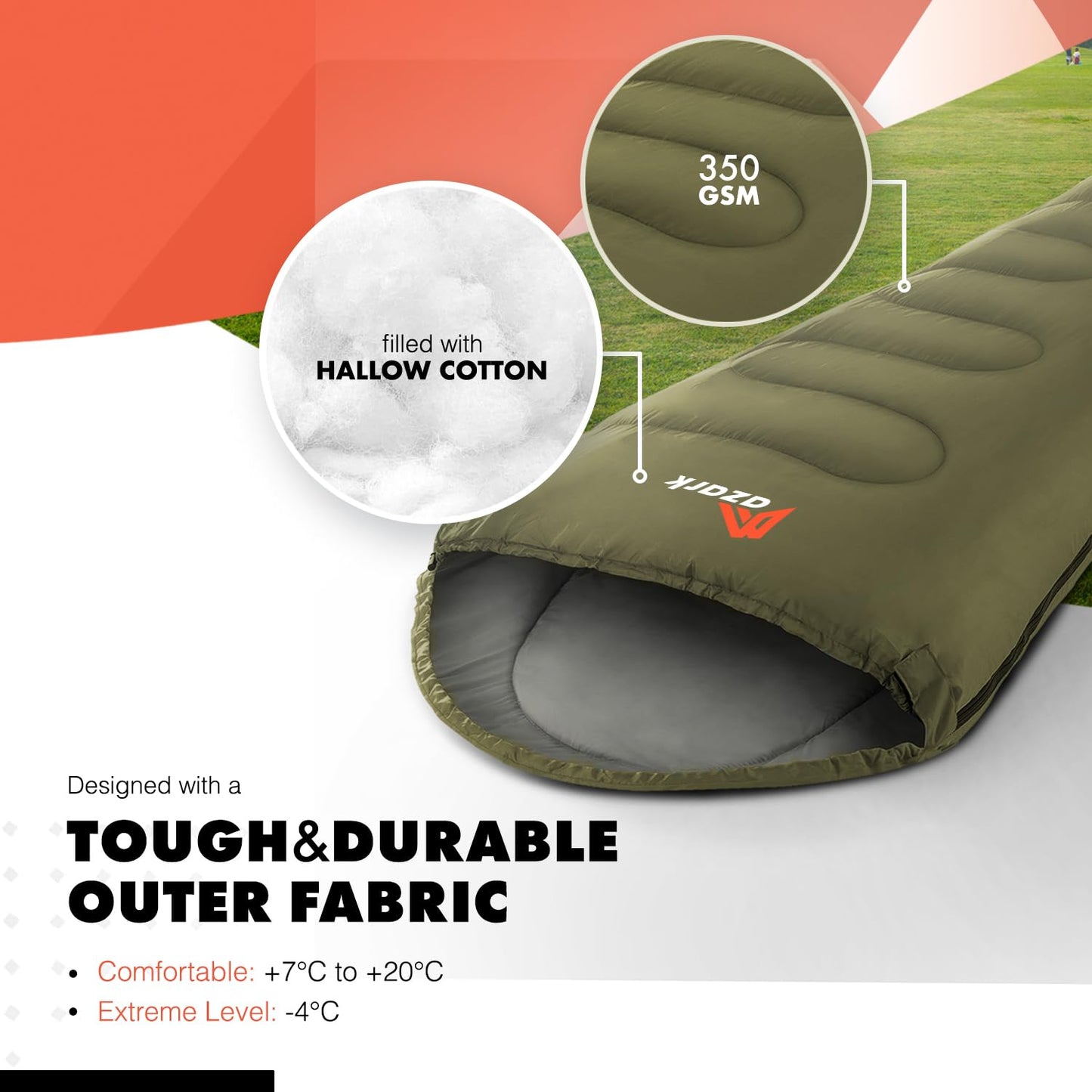 azark Premium Single Sleeping Bag, 350GSM, Lightweight and Waterproof, 4 Seasons of Camping, Hiking and Outdoors, Sleeping bag for Adults & Kids (Green)