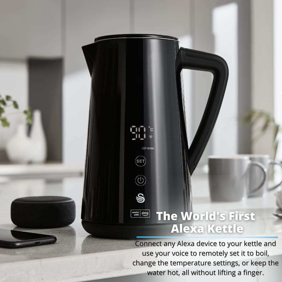 - Swan Alexa Smart Kettle | LED Touch Display | Keep Warm Function | Stainless Steel | Insulated | 1.5L | 1800W | Black -