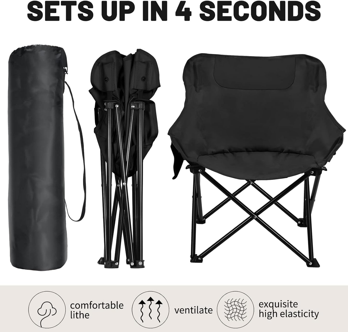 Camping Chairs Set of 2 Portable Chair Support 265lbs for Adults,Foldable Chair Sets up in 4 Seconds, Backpacking Chair with Carring Bags, Black