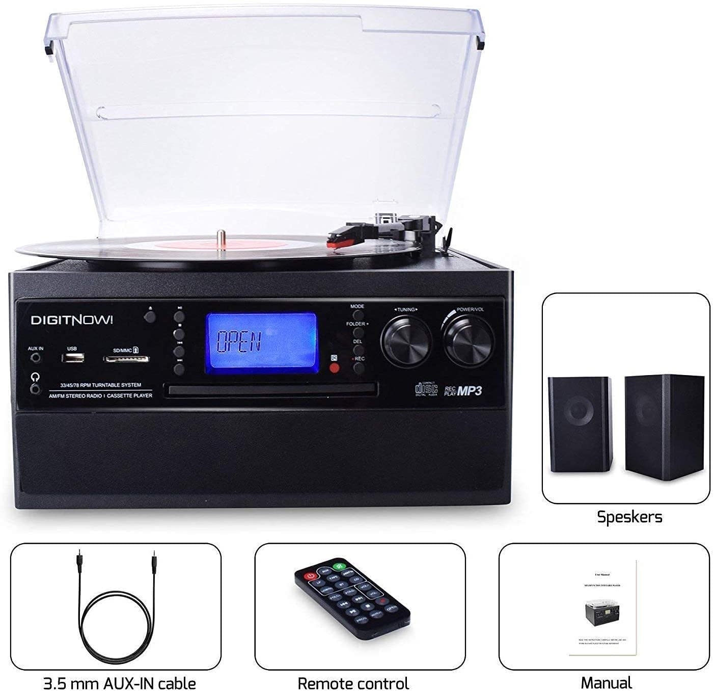 - DIGITNOW! Bluetooth Viny Record Player | Turntable for CD | Cassette | AM/FM Radio and Aux in | USB port and SD Encoding | Remote Control -