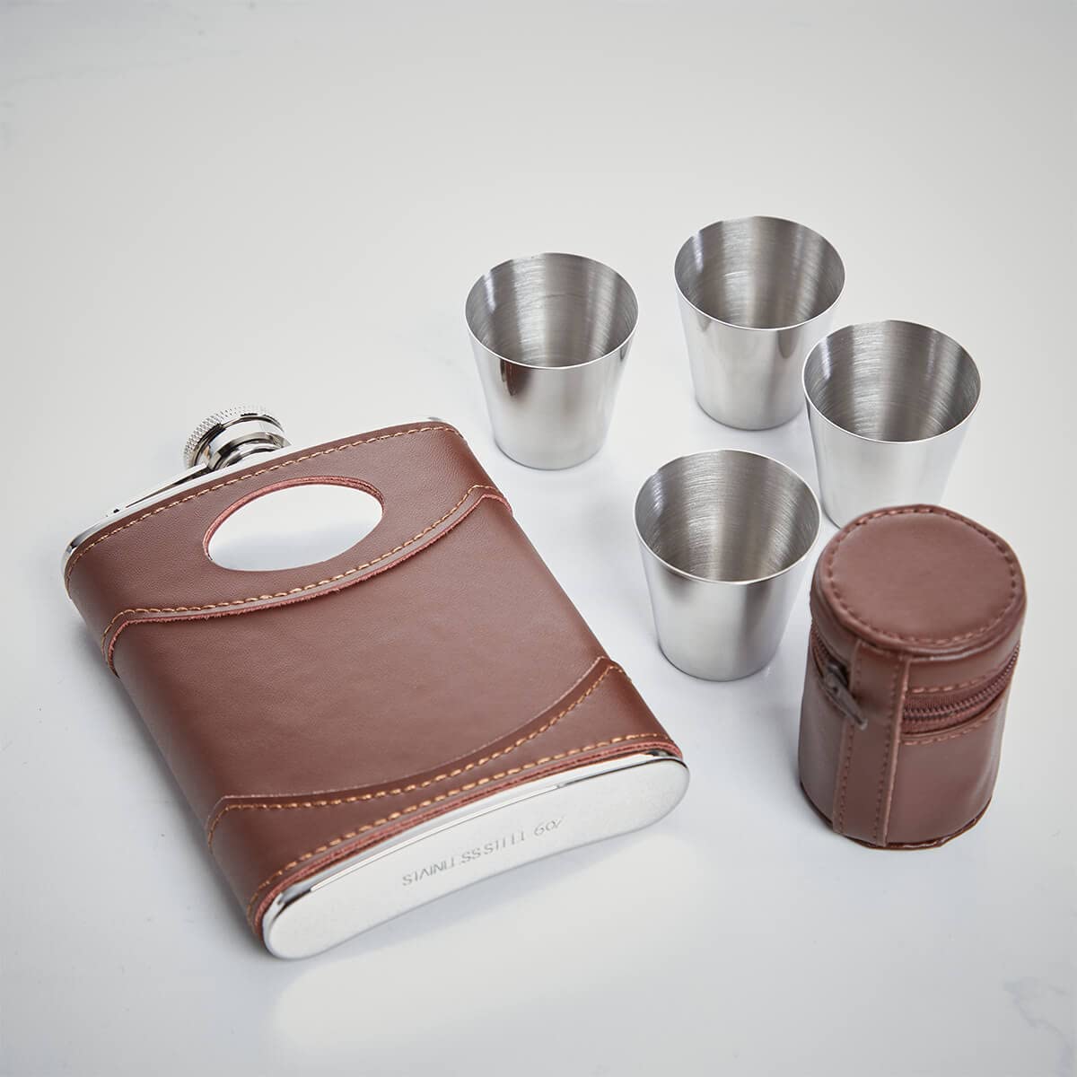 - Personalised 6oz Brown Leather Hip Flask & Cups -