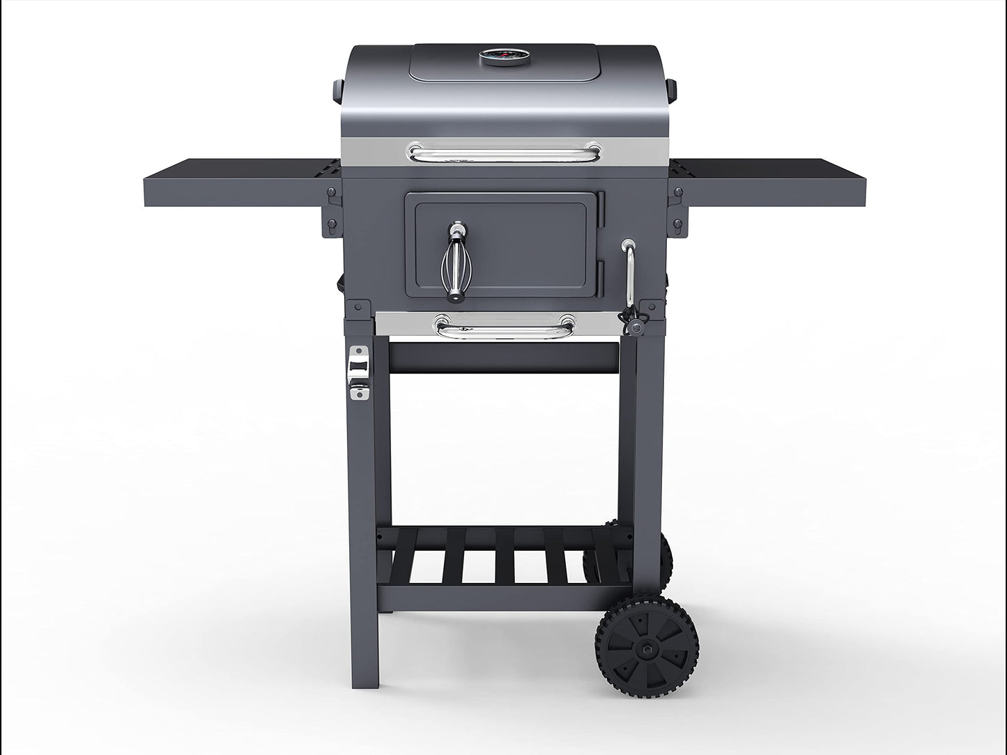 Charcoal BBQ Grill Smoker Stainless Steel with Folding Side Table Shelves, Built-In Thermometer, Wheels, Adjustable Height Outdoor Barbecue BillyOh Kentucky, Black