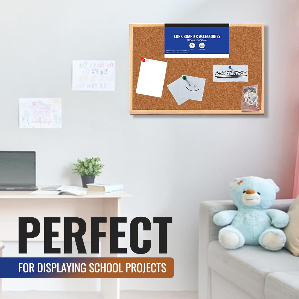 45x30cm Cork Board | Pin Notice |Office Memo School with Push Pins Board | Wooden Natural Frame Board