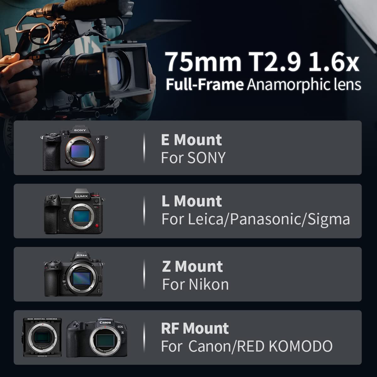 - SIRUI 75mm T2.9 1.6x | Full-Frame Anamorphic Lens | Cinema Lens (E Mount) -
