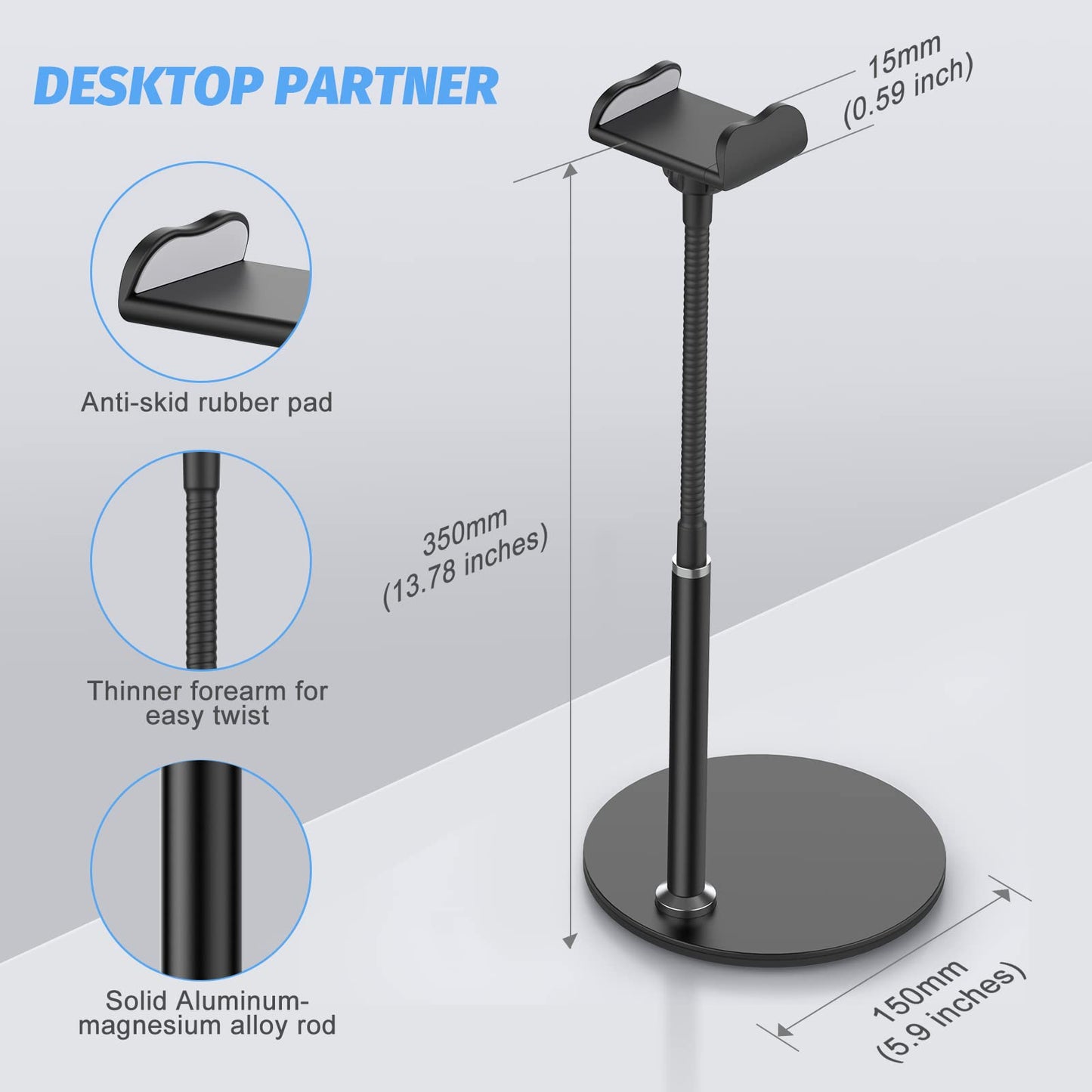 Cell Phone Stand Holder, 360°Flexible Adjustable Desktop Phone Stand with Stable Base, Lazy Desk Stand for iPhone 14 13 12 11 Pro Xs Max XR X 8 7 6 6s Plus Samsung S22 S21 (3.5"-6.5")