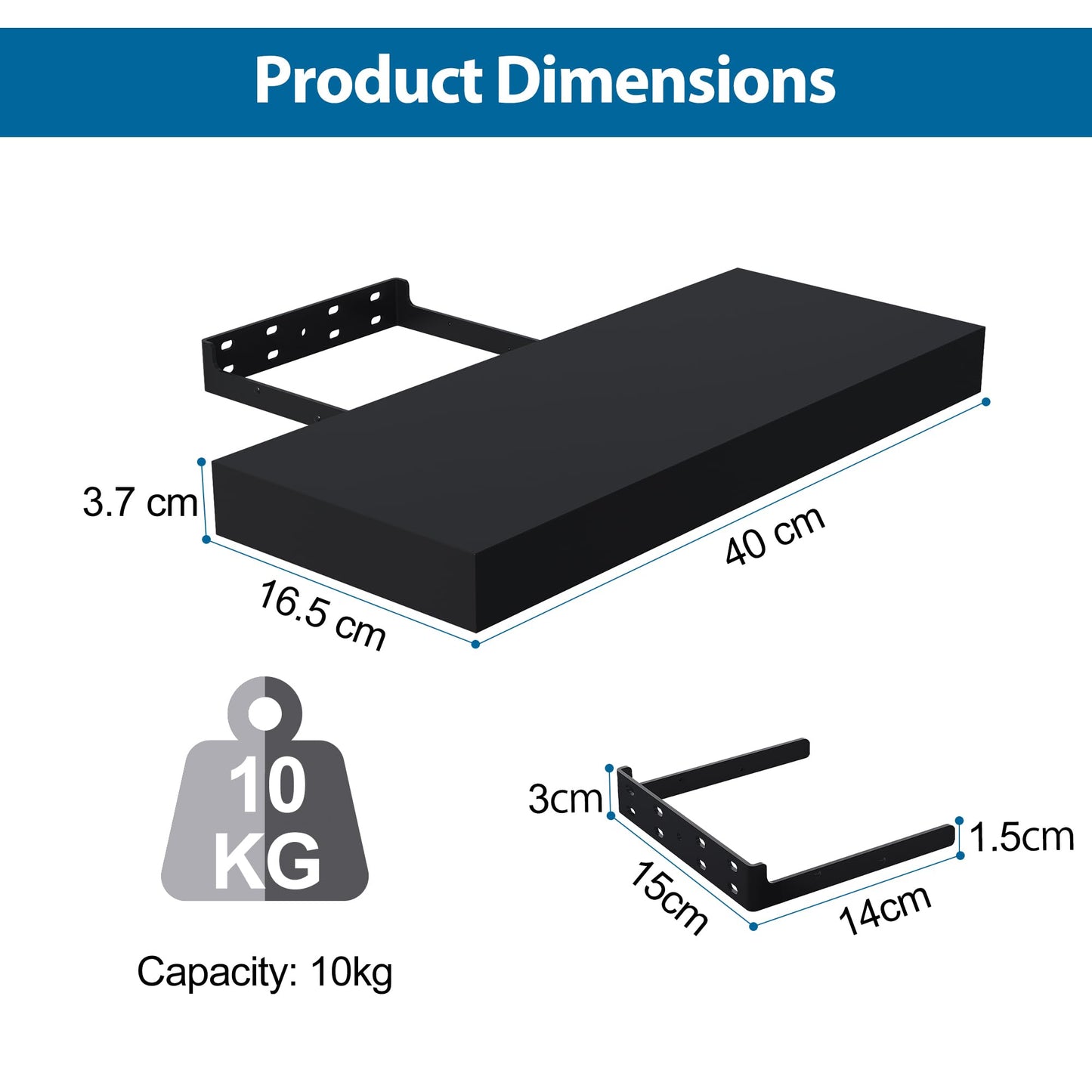 BONTEC Wood Floating Shelves Set of 2, 40cm Bathroom Wall Shelves up to 10kg, Wall Mounted Farmhouse Décor for Bathroom, Bedroom, Living Room and Kitchen, Office, etc (Black)