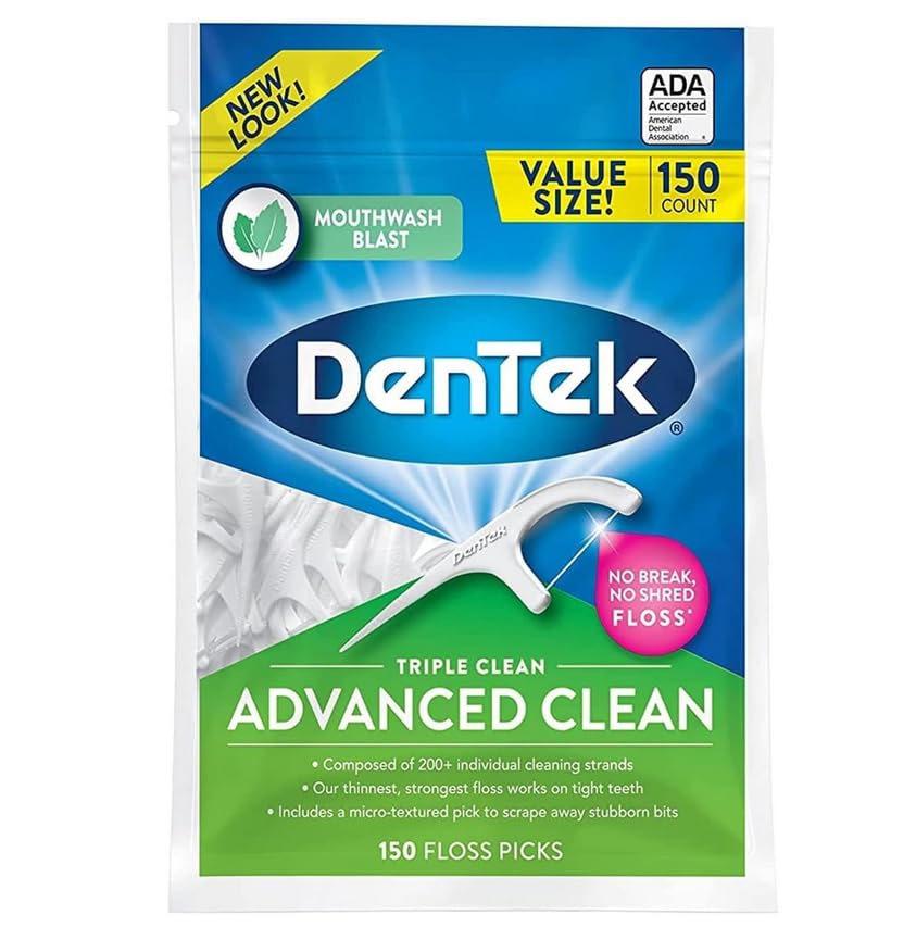 DenTek Triple Clean Mint Flavoured and Fluoride coated Advanced Dental Floss Picks with 3 cleaning actions - 150 Pack