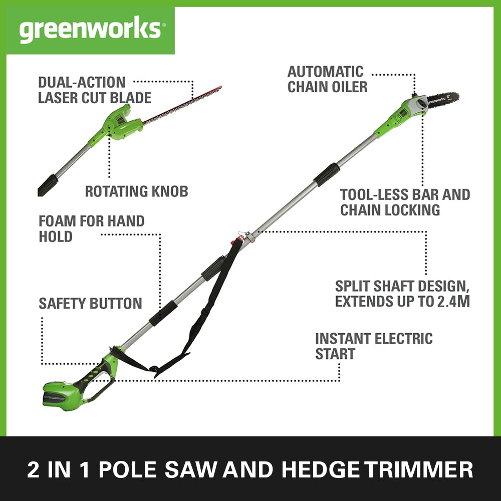 - Greenworks Cordless 2-in-1 Pole Saw And Pole Hedge Trimmer With Shoulder Strap -