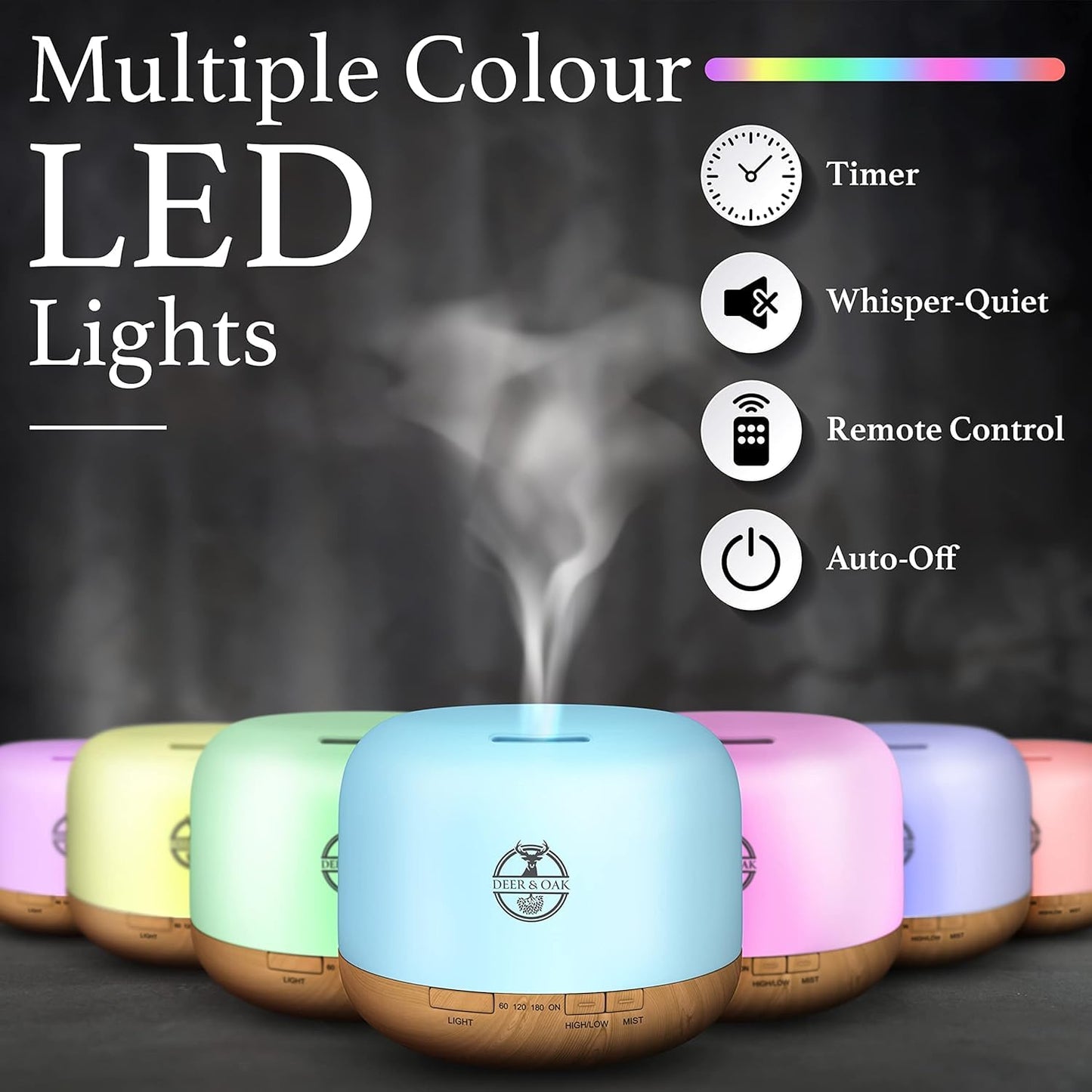 Deer & Oak - 500ml Aromatherapy Diffuser Humidifier - Essential Oil Diffusers For Home - Air Humidifiers - 7 LED Light Colours - Remote Control - Timer & Auto Empty Shutdown - Aroma Air Diffuser