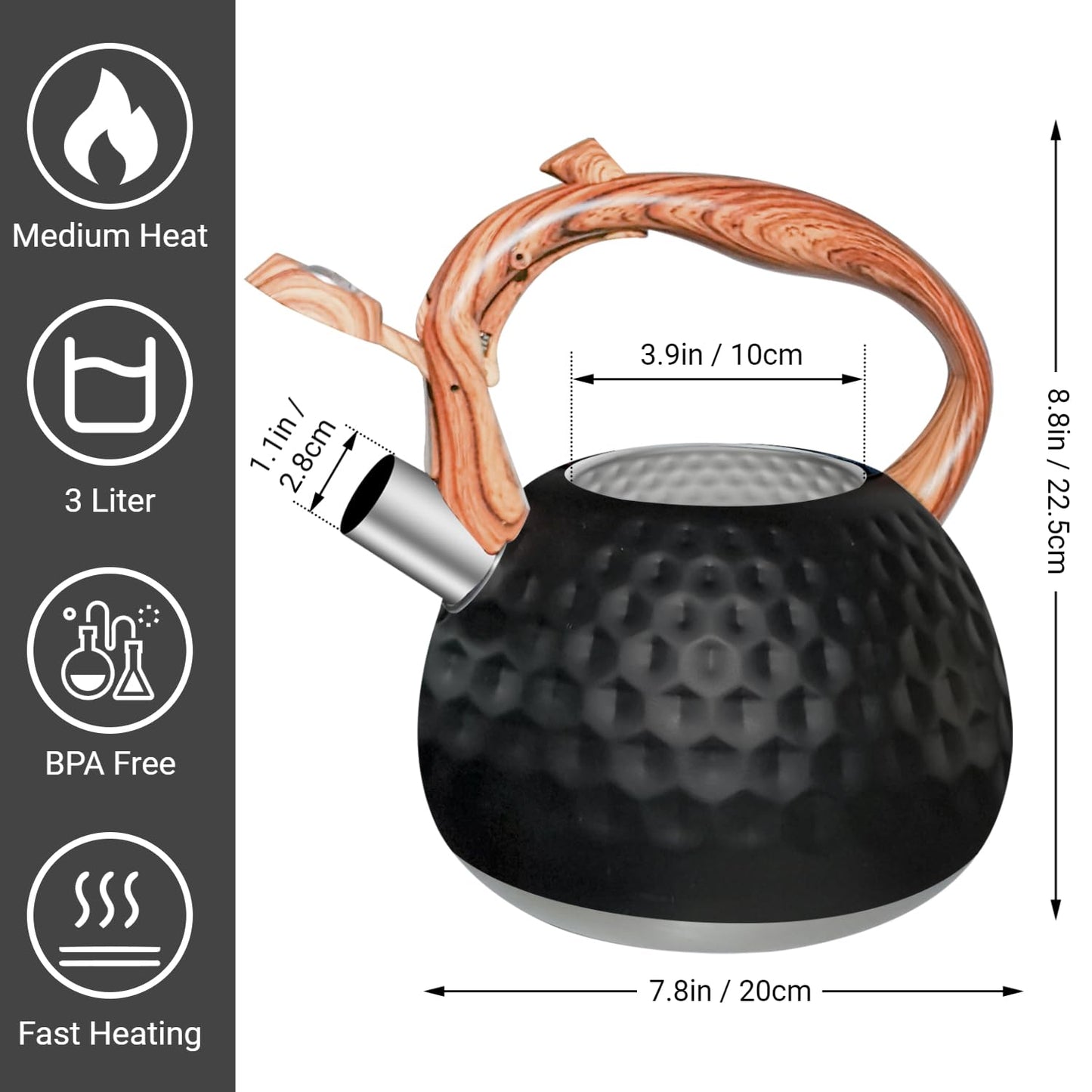 Beruyu Stove Top Whistling Kettle, Stainless Steel Teapot with Wood Grain Handle, for Gas Stove Induction Cooker, 3L (Black)