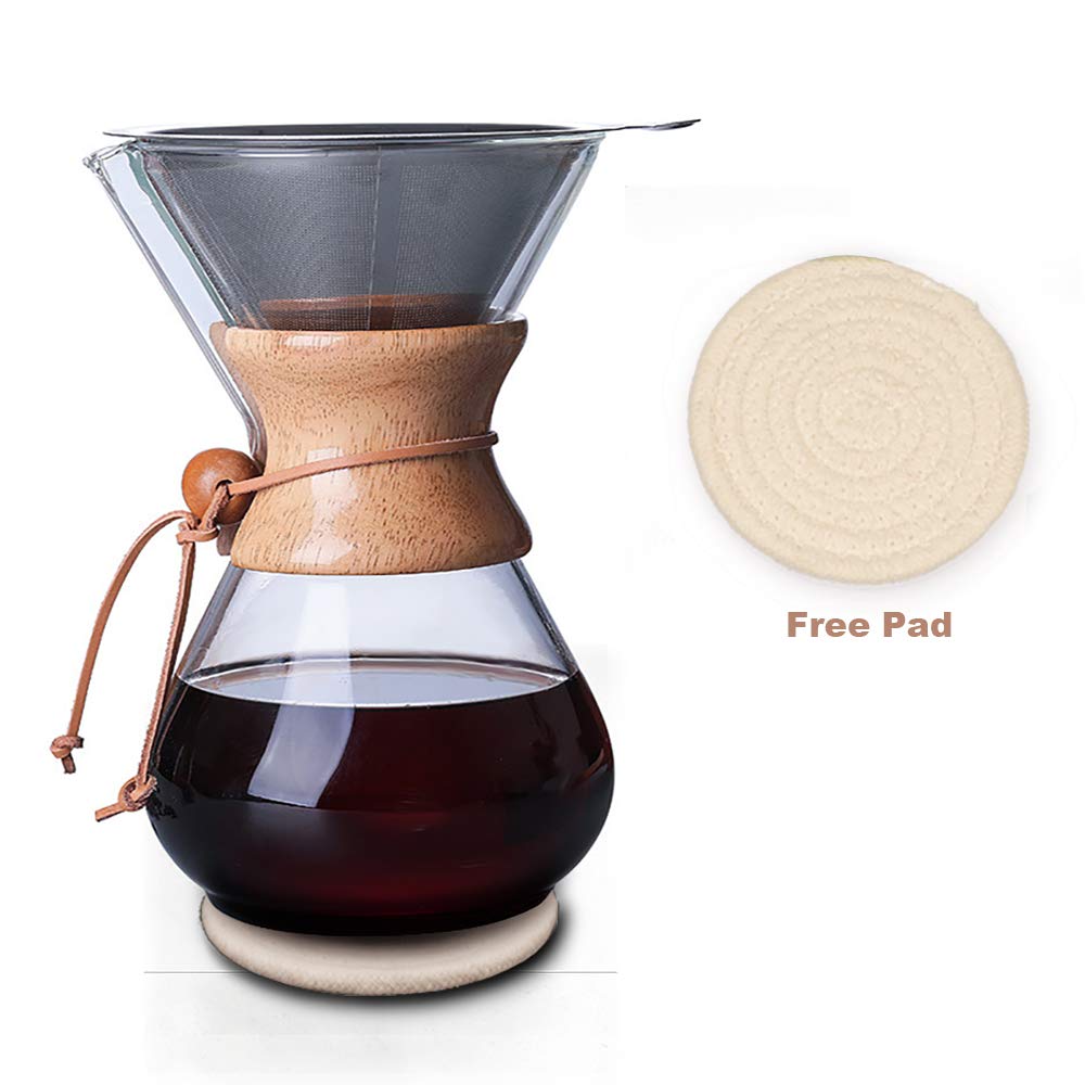 - QLESHINING Wood Neck Pour Over Coffee Maker | Permanent Filter and Coaster Pad -