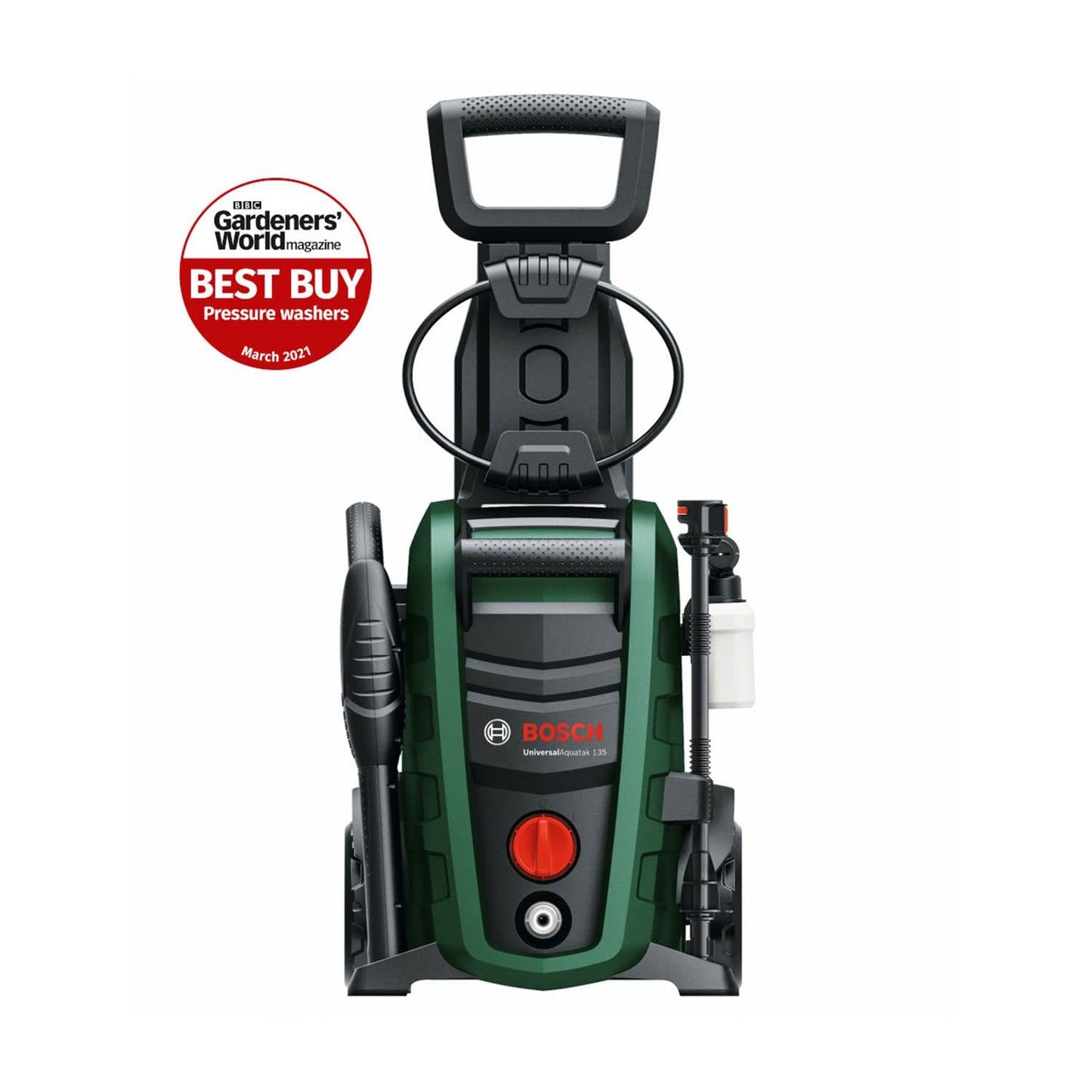 Bosch High Pressure Washer UniversalAquatak 135 - 1900 W, 135 Bar Pressure, 450 l/h Flow Rate, with 3-in-1 Nozzle, Detergent Nozzle, and Carrying Handle in Carton Packaging