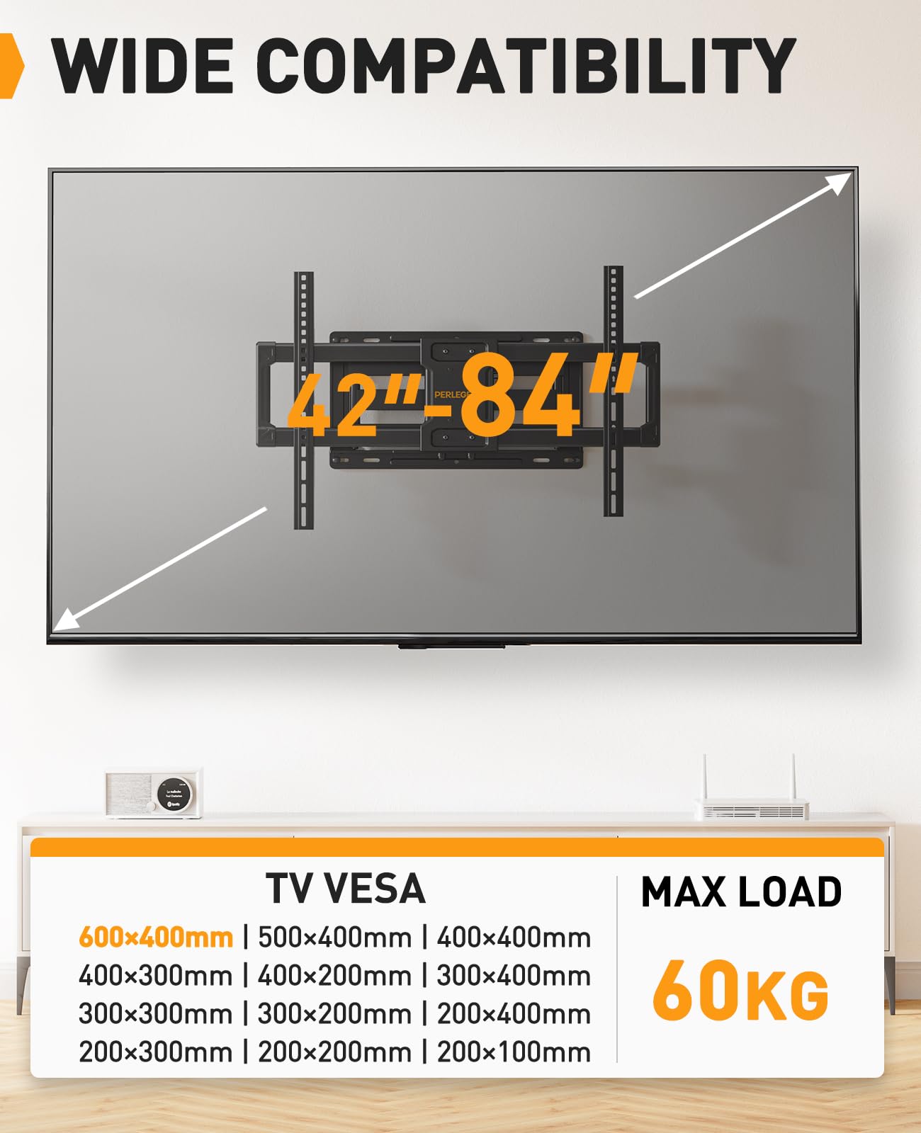 - Perlegear TV Wall Bracket | 60 kg | Tilt and Swivel TV Bracket with Dual Arms -