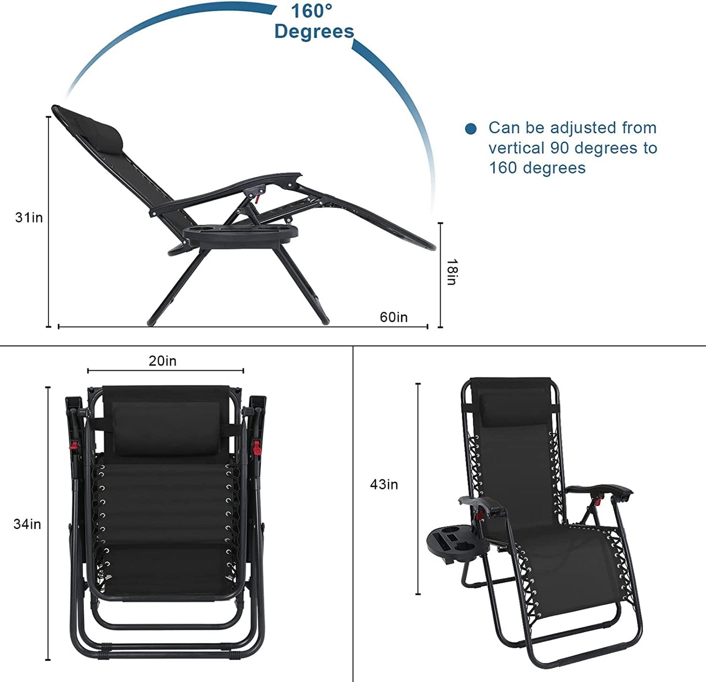 Aspect Zero Gravity Chair Set of 2, Outdoor Garden Sunloungers, Sturdy Textoline, Reclining Garden Chairs with Cup Holder and Pillow Headrest - Black