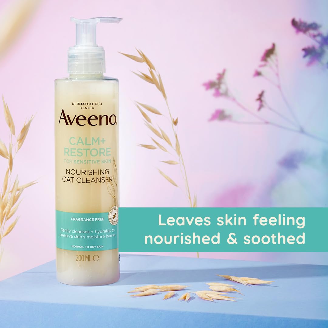 Aveeno Face Calm+Restore Nourishing Oat Cleanser (1x 200ml), Gentle Cleanser with Prebiotic Oat and Calming Feverfew, Non Foaming Cleanser, Helps Preserve Skin's Barrier