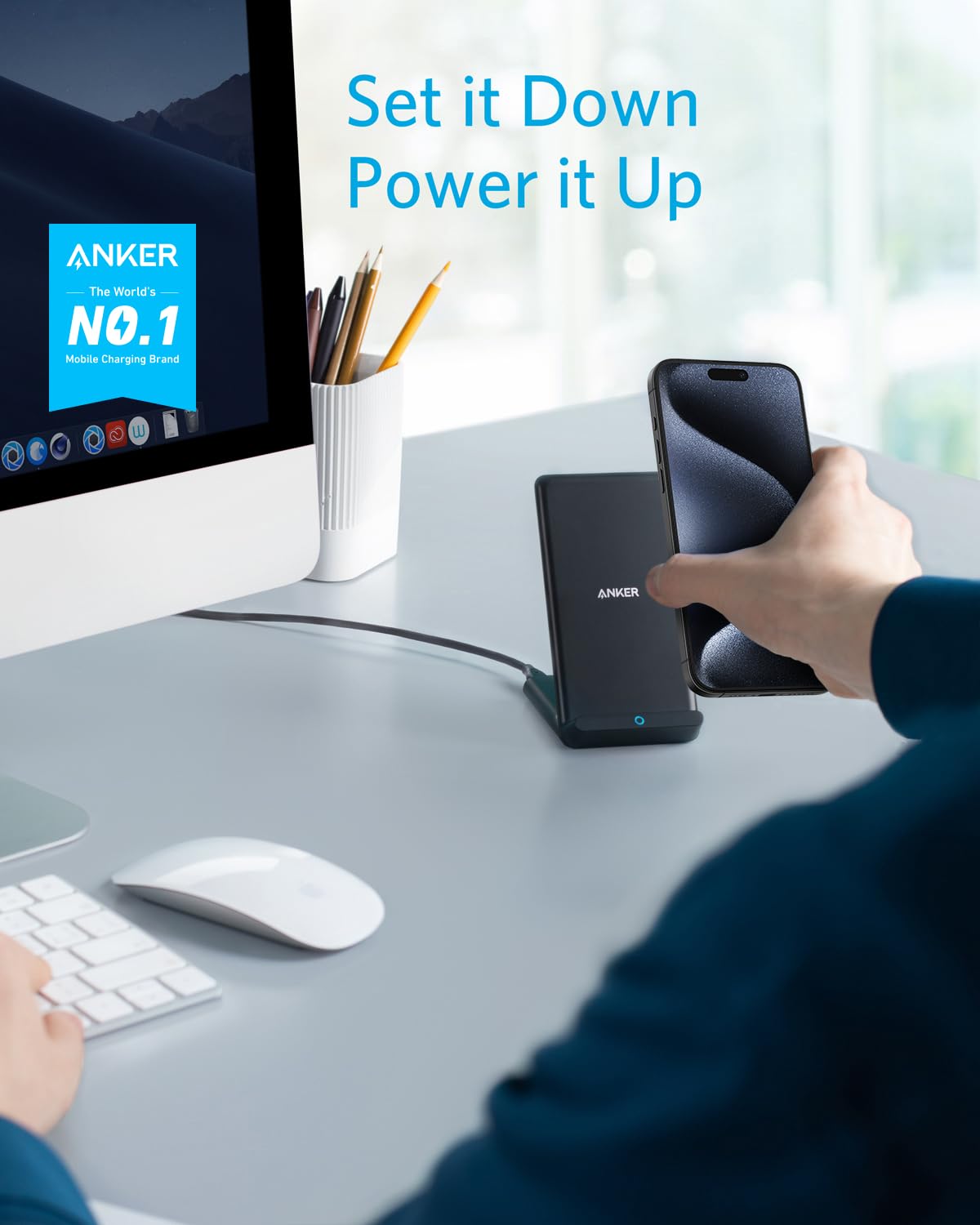 Anker Wireless Charger, PowerWave Stand, Qi-Certified for iPhone 15/14/13/12 Series, SE, 11, 11 Pro, 11 Pro Max, XR, Xs Max, 10W Fast-Charging Galaxy S20 S10 S9 S8, Note 10 (No AC Adapter)