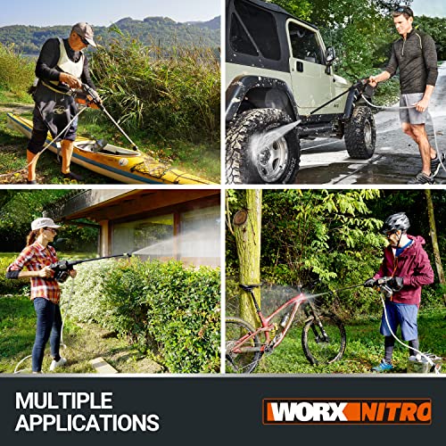 - Worx Nitro HydroShot WG633E 20V High-Flow Cordless Portable Pressure Cleaner Power Washer with Brushless Motor Up to 56 Bar Pressure, IPX7 Waterproof Battery, Charger, Multi-Spray Nozzle & Accessories