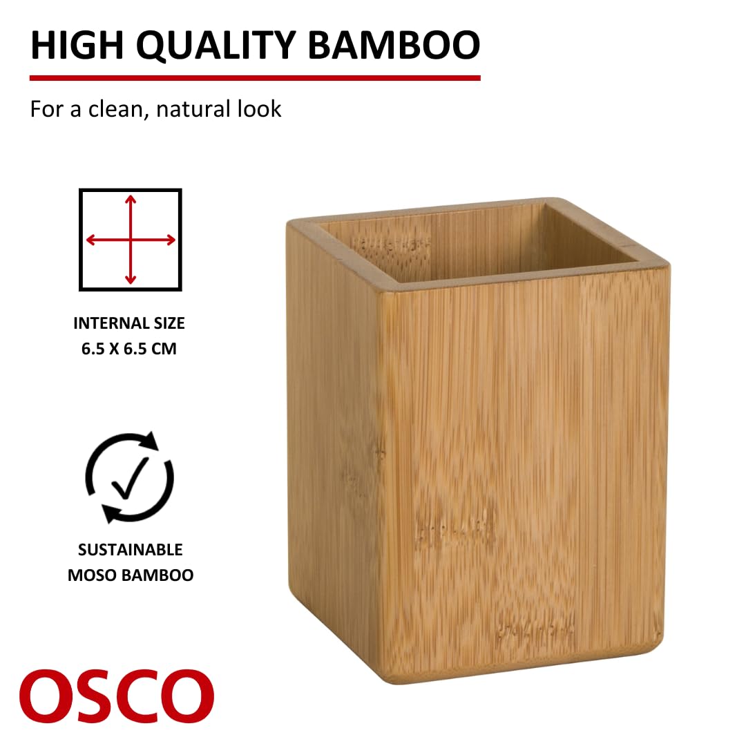 - OSCO Bamboo Square Pen Pot | Wood Pencil Holder | Desk Tidy | Office Organiser -