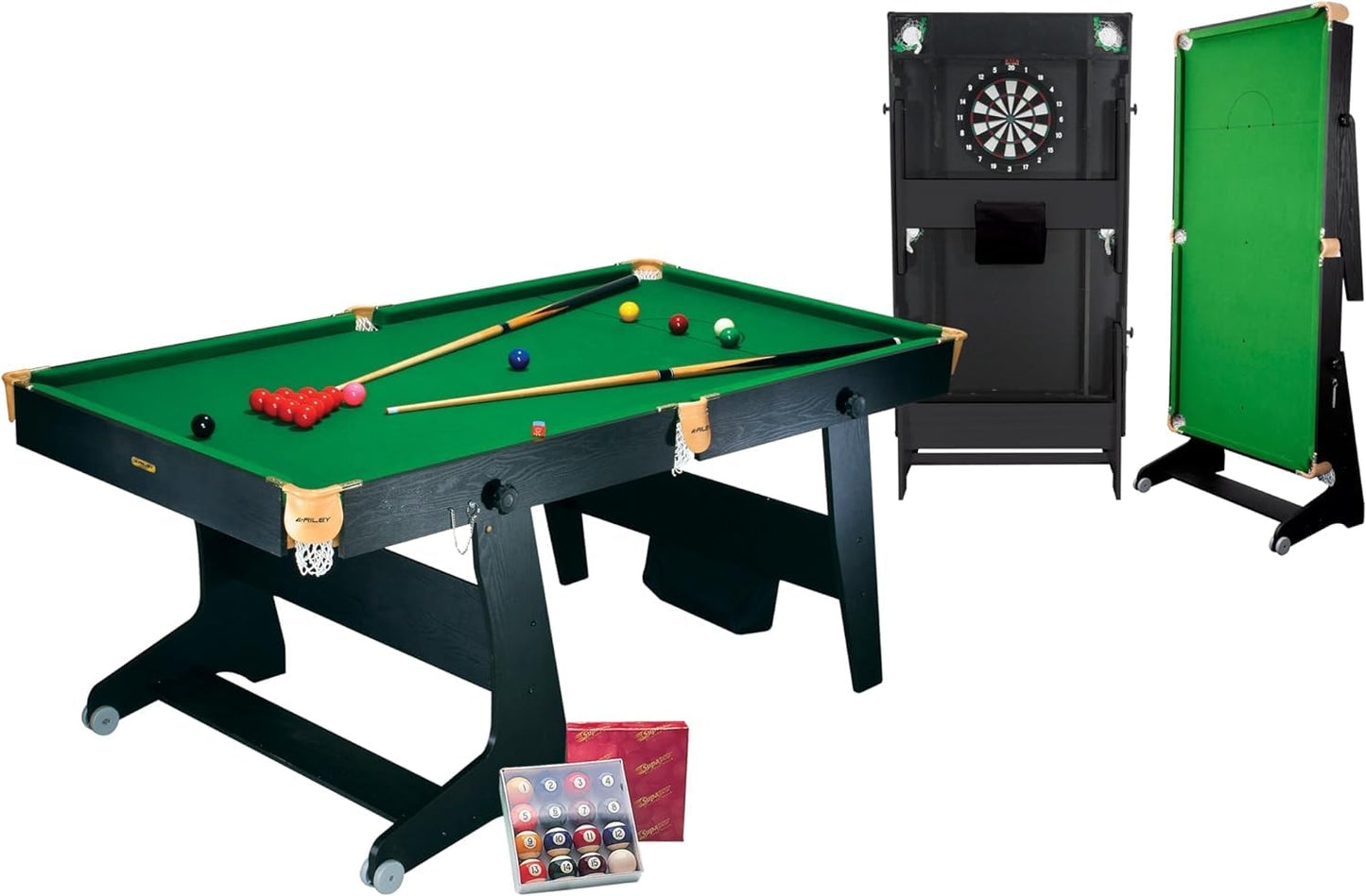 - Riley 6ft 3-in-1 Folding Snooker & Pool Games Table | With Soft Tip Darts Board -