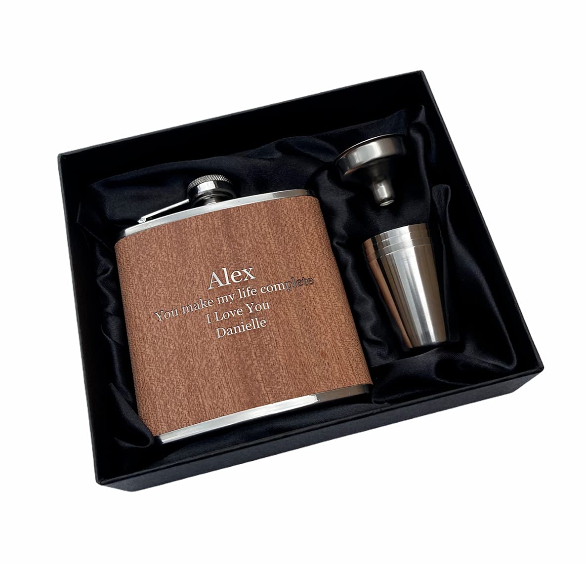 - Personalised Rutherfords Gifts Wood Wrap 6oz Hip Flask | Engraved with Name and Message of Your Choosing -