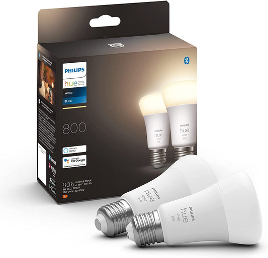 - Philips Hue NEW White Smart Light Bulb 60W | 806 Lumen 2 Pack -
