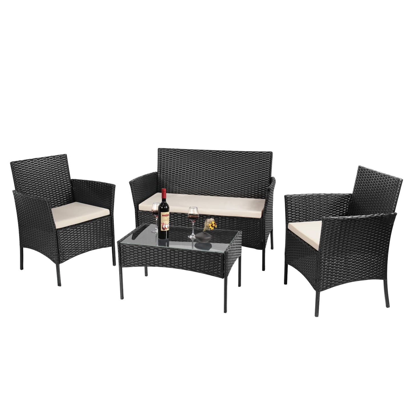 bigzzia Rattan Garden Furniture Set, 4 piece Patio Rattan furniture sofa Weaving Wicker includes 2 Armchairs,1 Double seat Sofa and 1 table