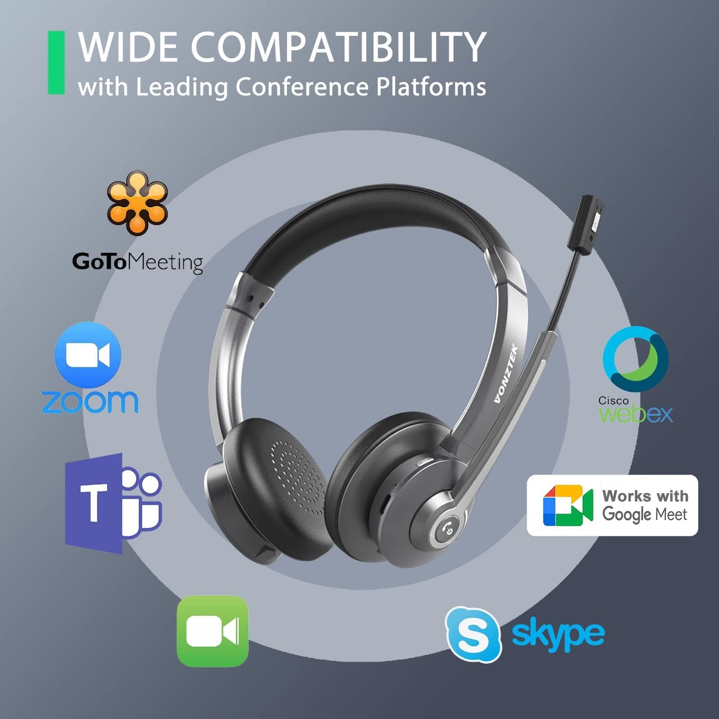 Bluetooth Headset,Wireless Headset with Microphone Noise Canceling & Mute, Wireless Headphones with Microphone with USB Dongle & Charging Dock for Office Skype Zoom Meeting