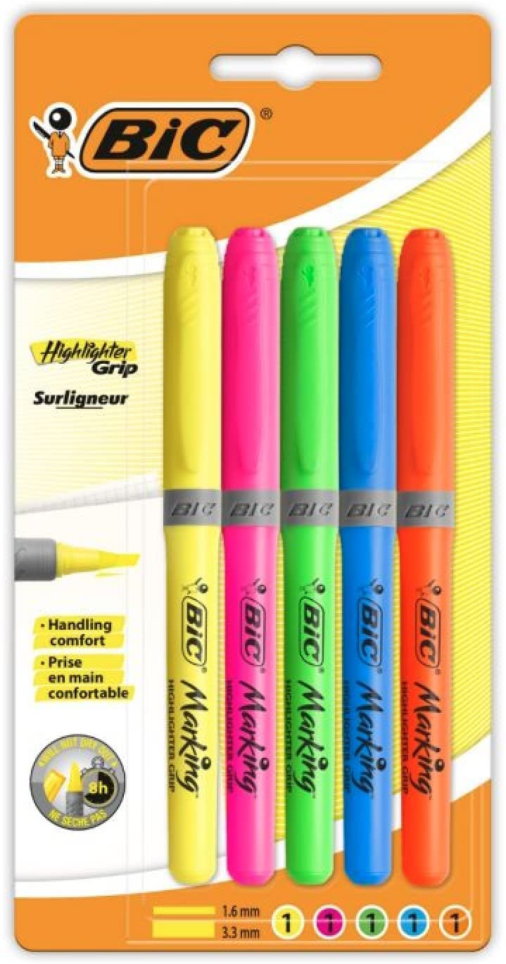 BiC Highlighter Grip, Highlighter Pens with Chisel Tip, Long-lasting, Ideal for School and Office, Assorted Colours, 5 count (Pack of 1)