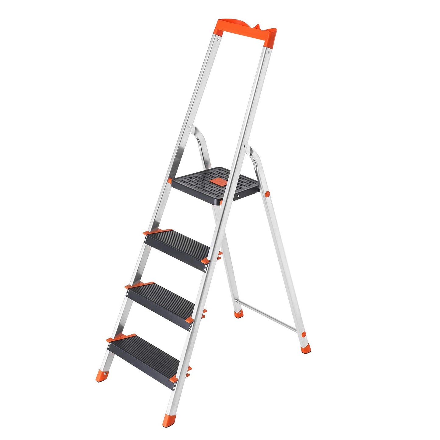 - SONGMICS Step Ladder | 4-Step Folding Ladder | Tool Tray and Anti-Slip Feet | Max. Static Load 150 kg | Black and Orange   -