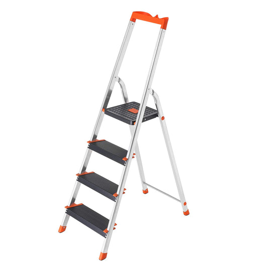- SONGMICS Step Ladder | 4-Step Folding Ladder | Tool Tray and Anti-Slip Feet | Max. Static Load 150 kg | Black and Orange   -