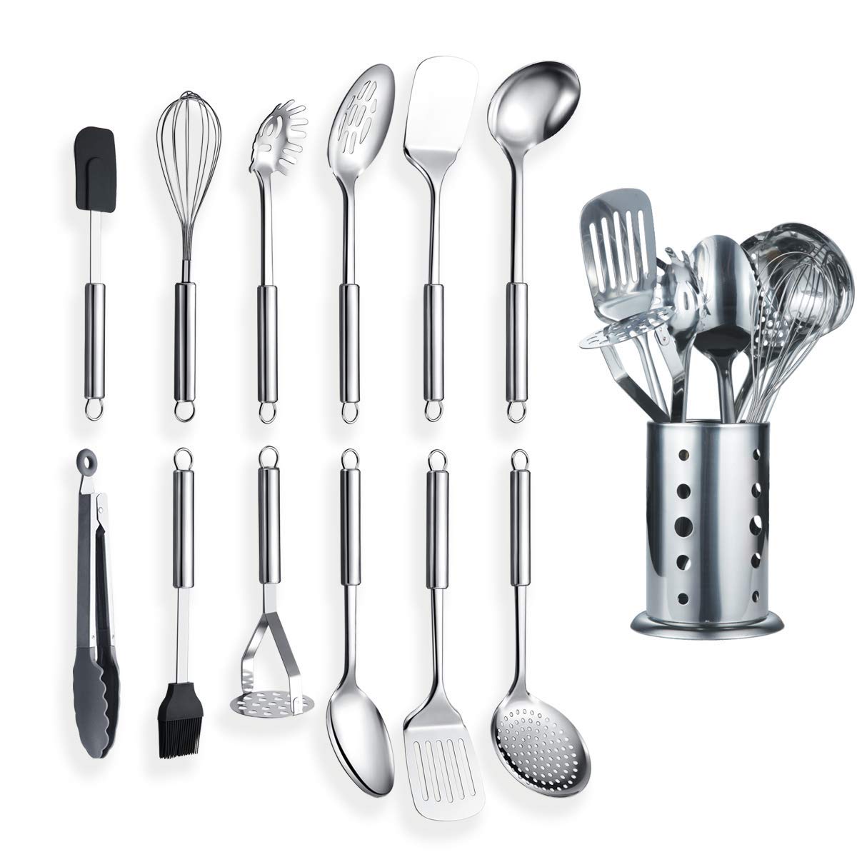 Berglander Stainless Steel Kitchen Utensil 12 Piece with 1 Stand, Cooking Spoon, Kitchen Tools Cooking Utensil with Holder. (13 Pieces)