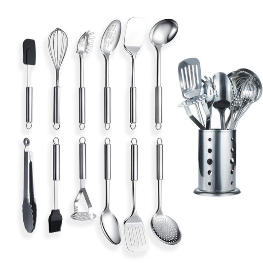 Berglander Stainless Steel Kitchen Utensil 12 Piece with 1 Stand, Cooking Spoon, Kitchen Tools Cooking Utensil with Holder. (13 Pieces)