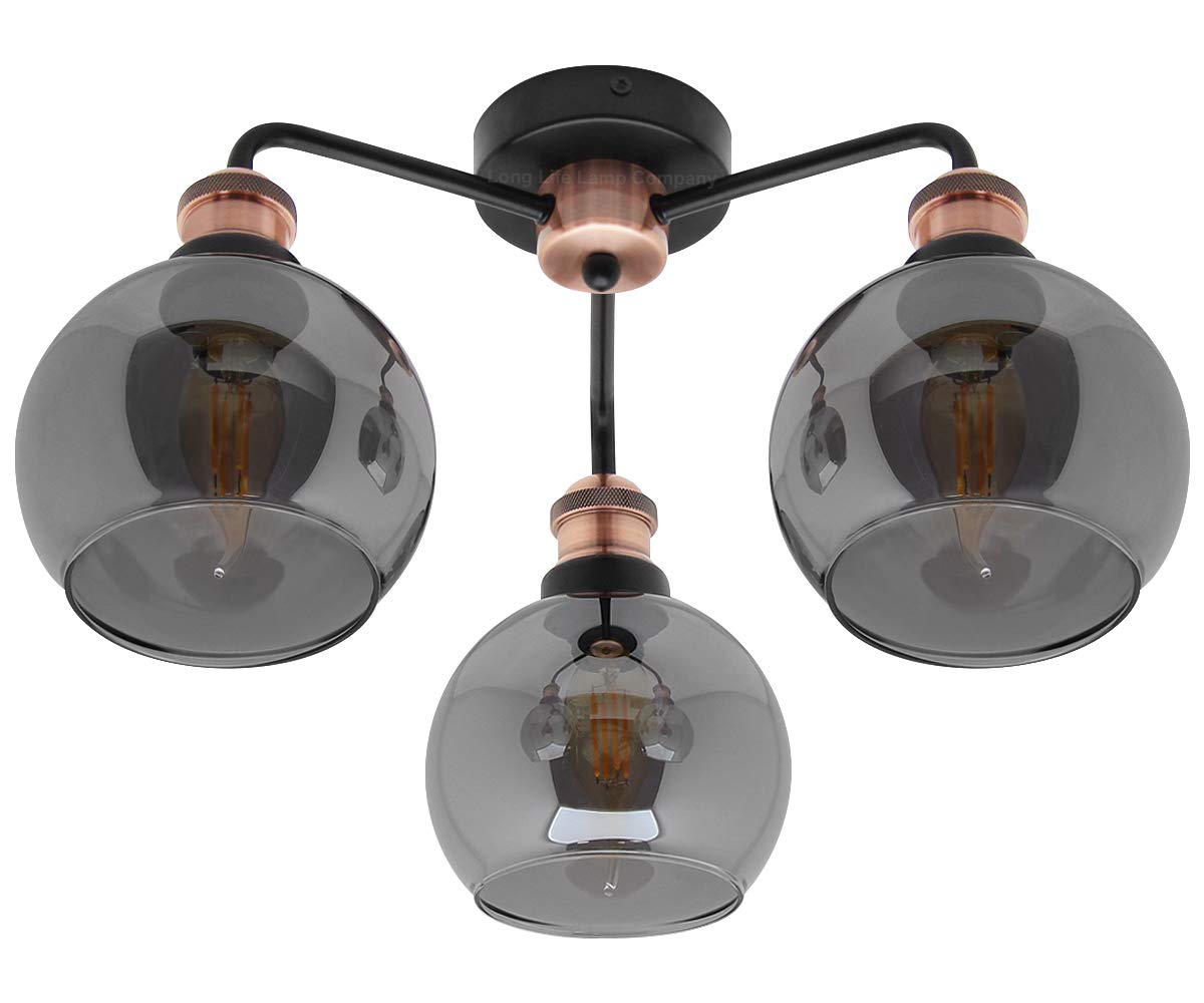 - Modern Grey Glass Ceiling Light | 3 Globe Shades | Round Chandelier -