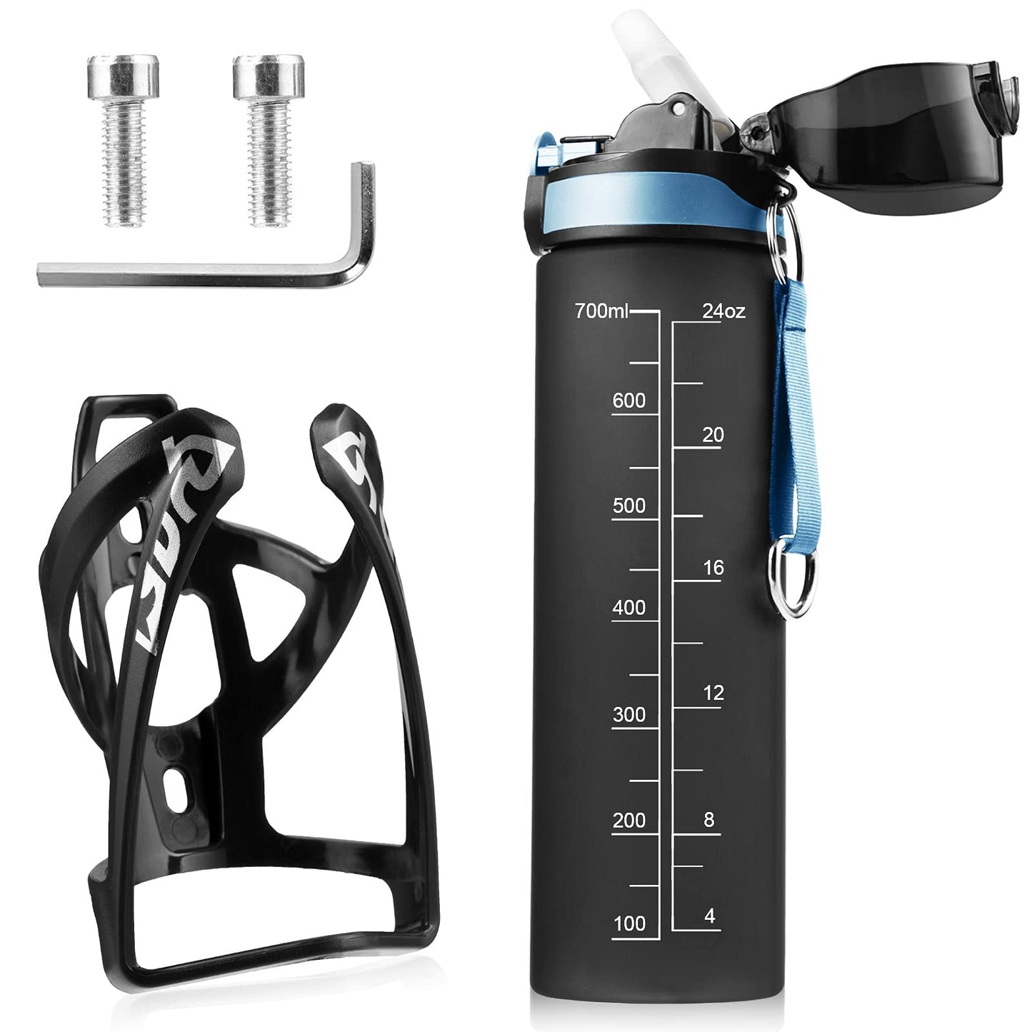 Bike Bottle Holder with 700ml Water Bottle - Premium BPA Free Leak Proof Bike Water Bottle with Bottle Cage, Cycling Drink Bottle Holder for Road Bike, Mountain Bike and Kids Bike (Black)