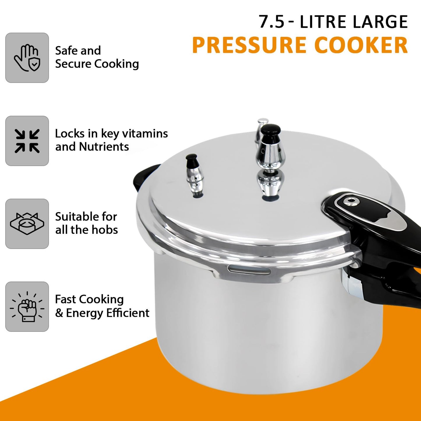 7.5 Litre Dual Handle Pressure Cooker for Kitchen & Catering, Aluminium + Stainless Steel, Suitable for all Hob Types Including Induction Hob - Silver