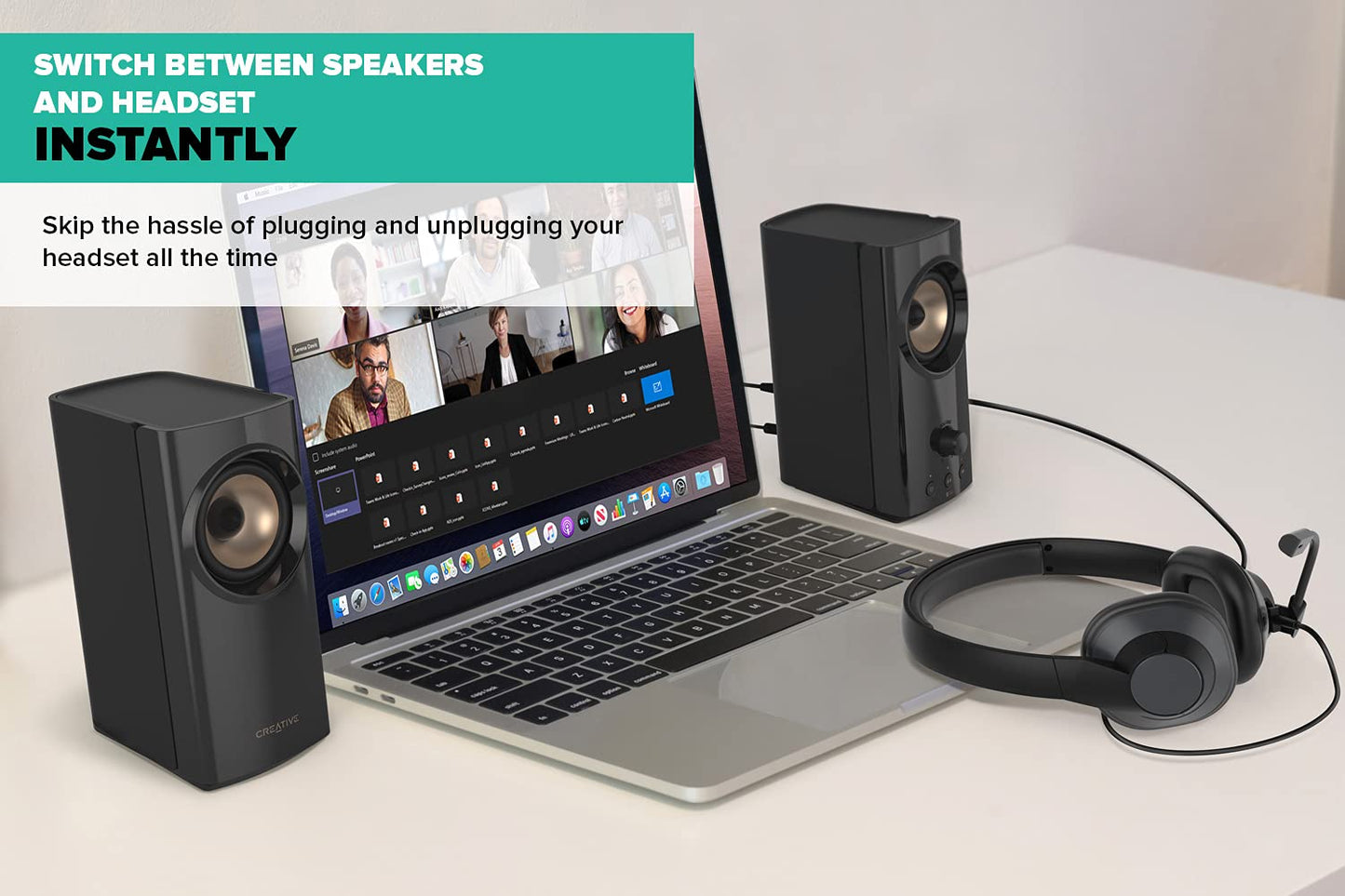 CREATIVE T60 2.0 Compact Hi-Fi Desktop Speakers with Clear Dialog and Surround by Sound Blaster, SmartComms Kit, USB-C Audio, Mic and Headset Ports, Bluetooth 5.0