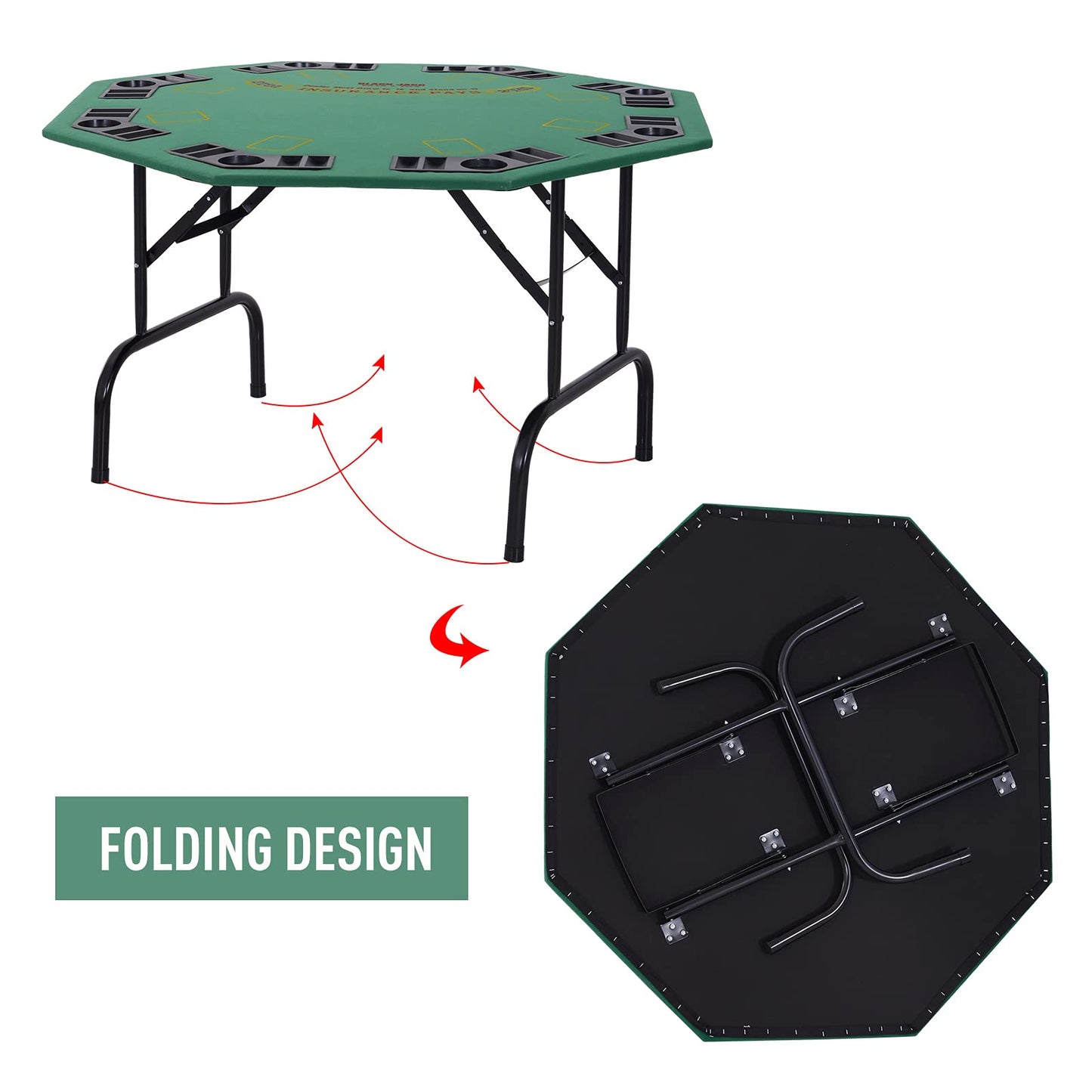 - HOMCOM 8 Player Folding Games Poker Table | Chip Cup Holder | Steel Base | Felt Top | Octagon -