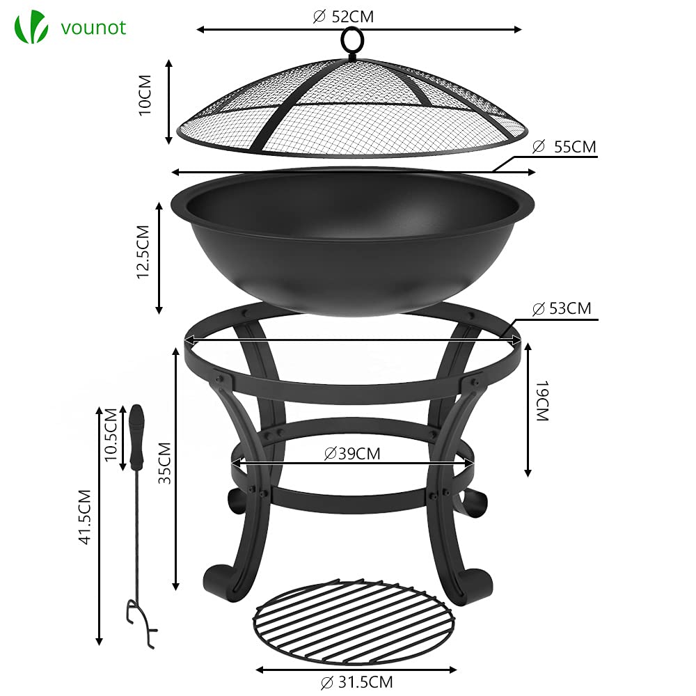 - VOUNOT Fire Pit for Garden with Lid and Poker, Outdoor Heater Charcoal Log Wood Burner