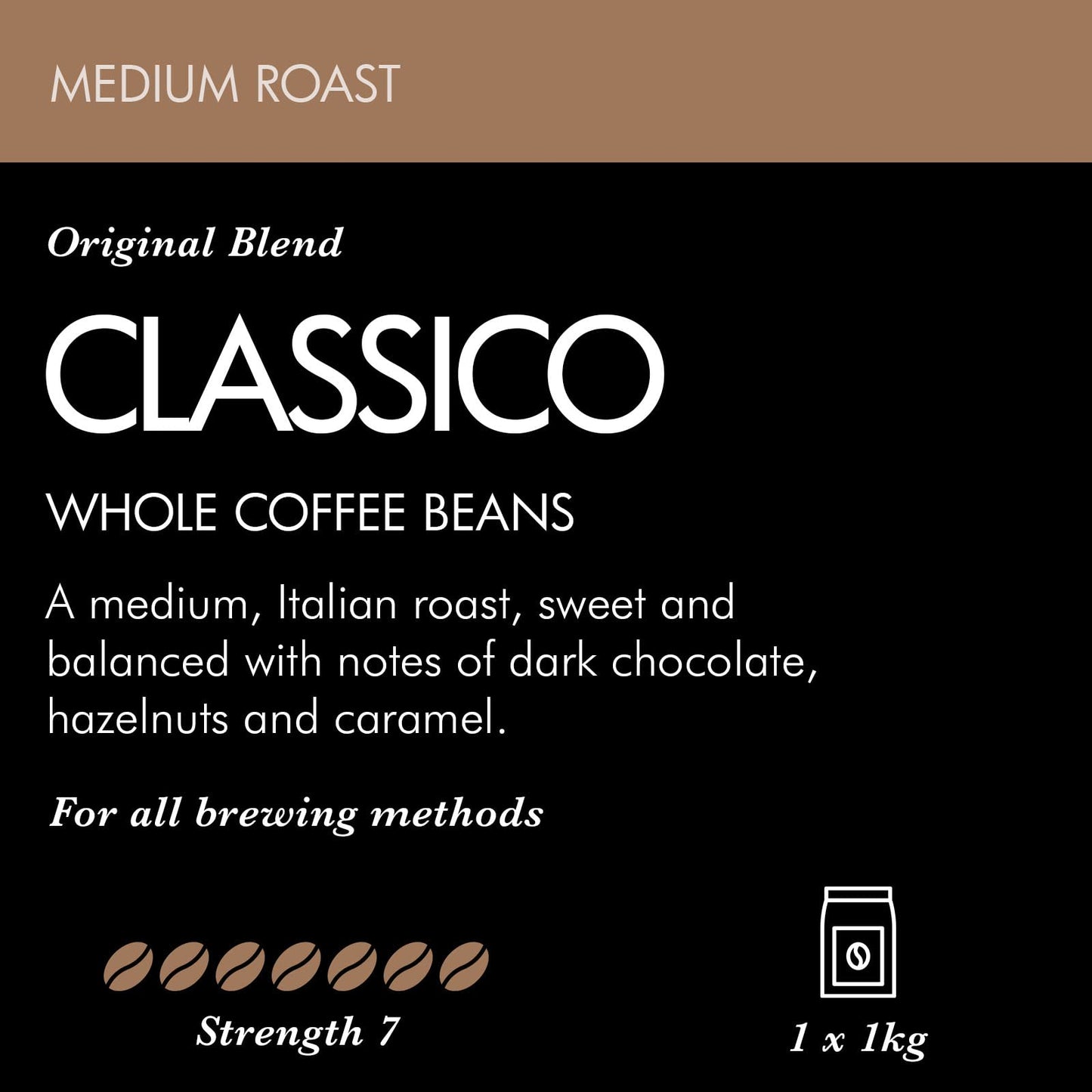 Caffè Nero Classico Whole Coffee Beans - Medium Roast - 1KG (1 x 1KG Coffee Bag)
